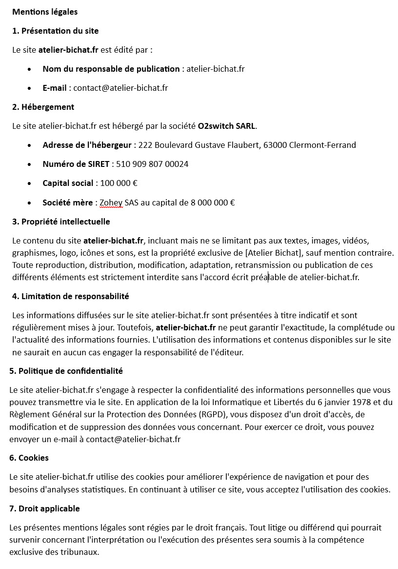 Mentions légales atelier bichat