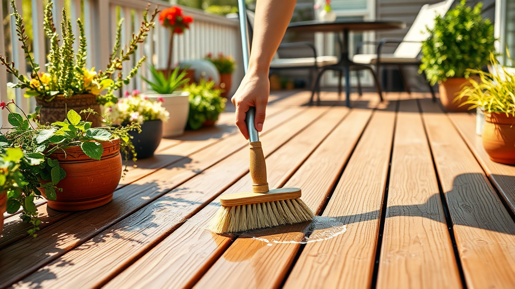 Nettoyage d'une terrasse en bois avec une brosse douce, entretien pour préserver la longévité et l’esthétique.