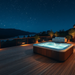 Terrasse en bois avec jacuzzi éclairé sous un ciel étoilé, ambiance luxueuse et relaxante.