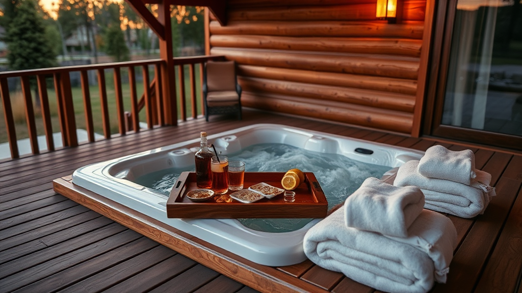 Espace détente sur terrasse avec jacuzzi, plateau flottant et accessoires pour un moment convivial.