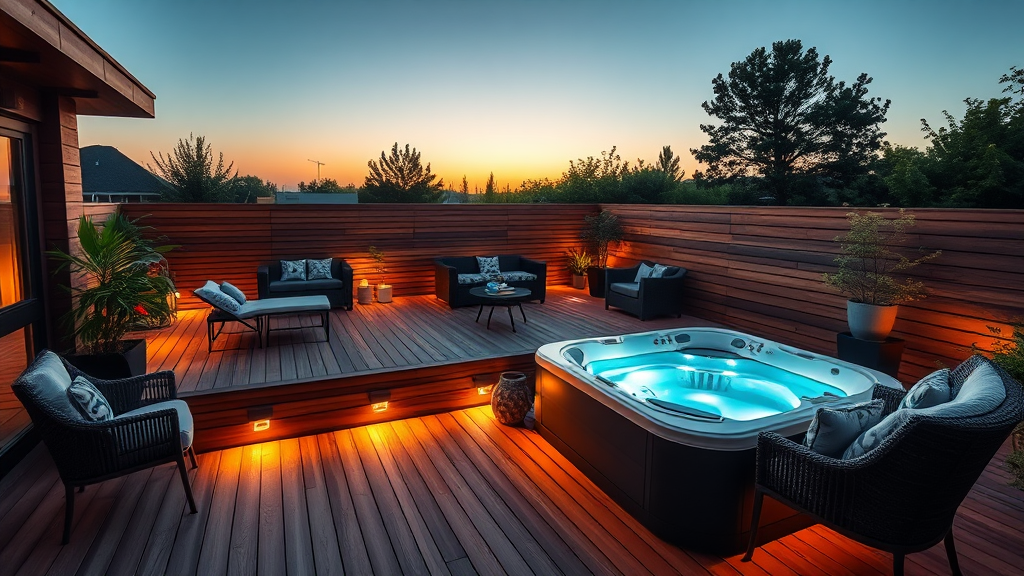 Terrasse moderne avec jacuzzi et éclairages LED, mobilier design pour une ambiance sophistiquée.