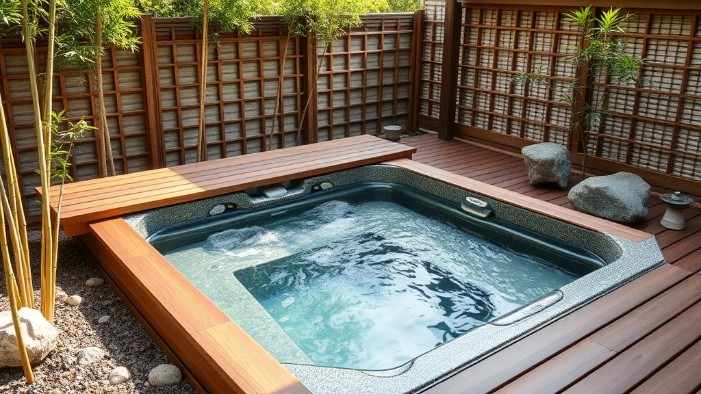 Terrasse avec spa intégré et décoration zen, ambiance relaxante et naturelle avec bambous et fontaine